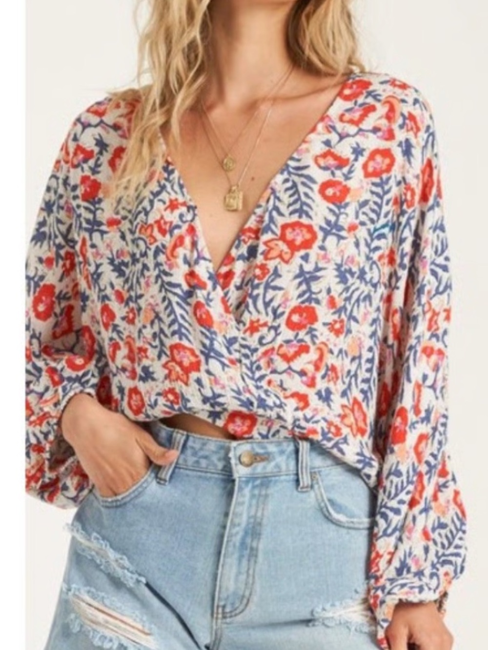 Billabong Safe Bet Cropped Floral Wrap Blouse - Red & Blue on Cream, Large